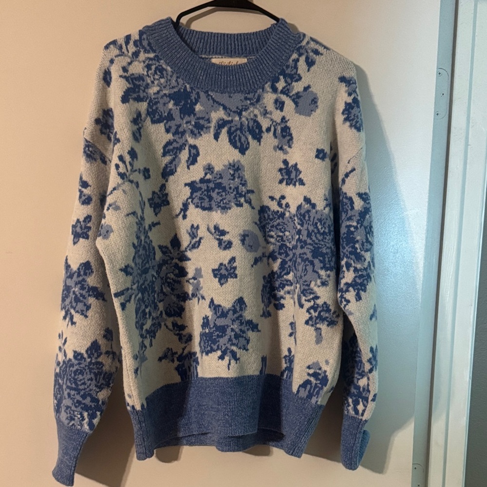 Listicle Blue and Cream Floral Sweater